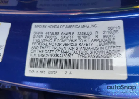 2019 Honda Accord Sport z USA, uszkodzony, nr VIN 1HGCV1F33KA160507